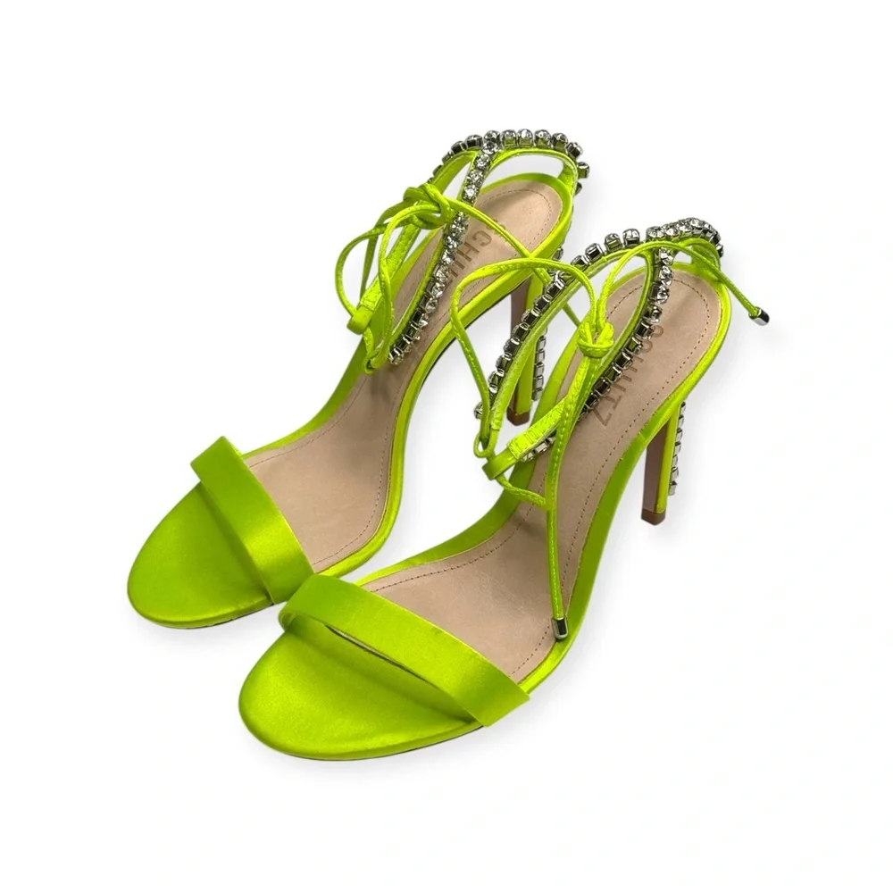 new Schutz 𒀭 Islah Satin + Crystal Heeled Sandals 𒀭Fresh Green [Neon] 𒀭 7.5M